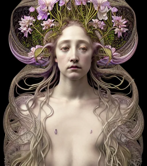 Image similar to beautiful orchid fairy detailed realistic porcelain face portrait by jean delville, gustave dore, iris van herpen and alphonse mucha, art forms of nature by ernst haeckel, art nouveau, symbolist, visionary, gothic, neo - gothic, pre - raphaelite, fractal lace, intricate alien botanical biodiversity, surreality, hyperdetailed ultrasharp octane render