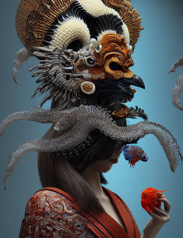 Image similar to 3 d scene of interior modelling goddess close - up profile portrait with ram skull. beautiful intricately detailed japanese crow kitsune mask and clasical japanese kimono. betta fish, jellyfish phoenix, bio luminescent, plasma, ice, water, wind, creature, artwork by tooth wu and wlop and beeple and greg rutkowski