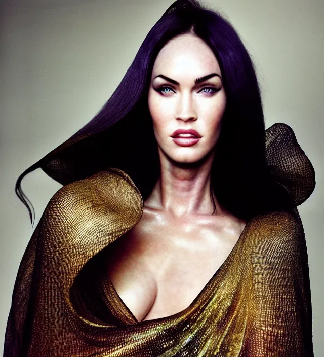 Image similar to photography facial portrait of megan fox, natural background, natural pose, wearing one organic futurist cape from iris - van - herpen, with a subtle colorfull - makeup. highly detailed, skin grain detail, photography by paolo roversi, nick knight, helmut newton, avedon, araki