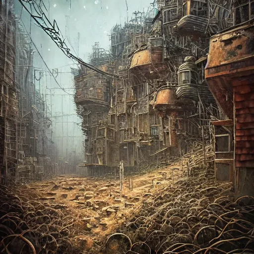 Image similar to Very very very very highly detailed epic photo, post apocalyptic city buildings, by Vladimir Manyukhin, by Simon Stålenhag, by Zdzisław Beksiński, by Guido Borelli, by Nathan Walsh, by Peter Gric, Wild vegetation, mold, deviantart, trending on artstation, Photorealistic, Incredible Depth, vivid colors, polychromatic, glowing neon, HDR Unreal Engine 64 megapixels IMAX Terragen 4.0, 8k resolution concept art filmic complex utopian mysterious moody futuristic