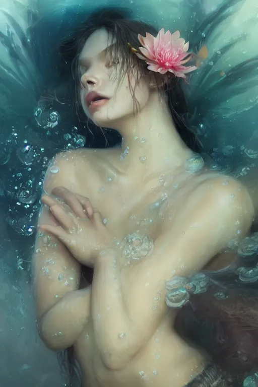 Prompt: face closeup a young beautiful girl drowned in water, underwater photography, nymph, siren, 3 d render, hyper realistic detailed portrait, holding magic flowers, ruan jia, wlop. scifi, fantasy, hyper detailed, octane render, concept art, by peter mohrbacher, by wlop, by ruan jia