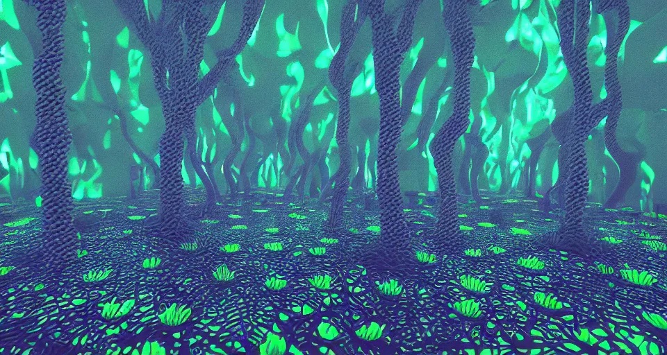 Image similar to 3d Render of neon deep sea forest, grainy, noisy