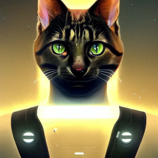 Prompt: UHD Photorealistic Feline-human hybrid Starfleet Officer with cybernetic implants, hyperrealistic, correct details, cosmic dynamic lighting, symmetrical face, accurate face, by Greg Rutkowski