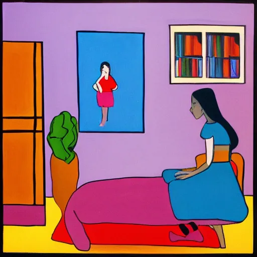 Image similar to representation of a modern girl in her room in the style of Edward Ben Avram, Indian/Israeli painter