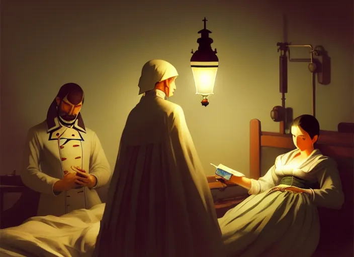 Image similar to 1 8 5 4 crimea, florence nightingale holding lamp, army hospital in scutari at night, wounded patients in beds on both sides of hospital ward, finely detailed perfect art, painted by greg rutkowski makoto shinkai takashi takeuchi studio ghibli