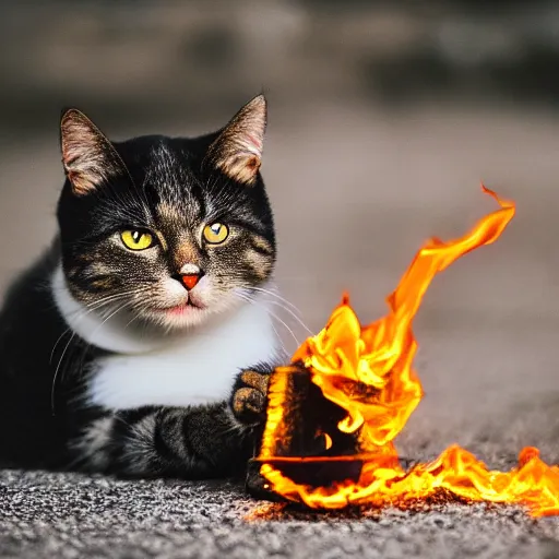 Image similar to professional photograph of a cat throwing a molotov