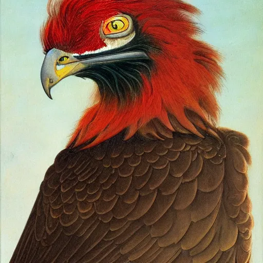 Prompt: a side portrait of a red bearded vulture, award winning, in the style of roberto ferri, Arnold bocklin, and austin osman spare, a fantasy gryphon, highly detailed