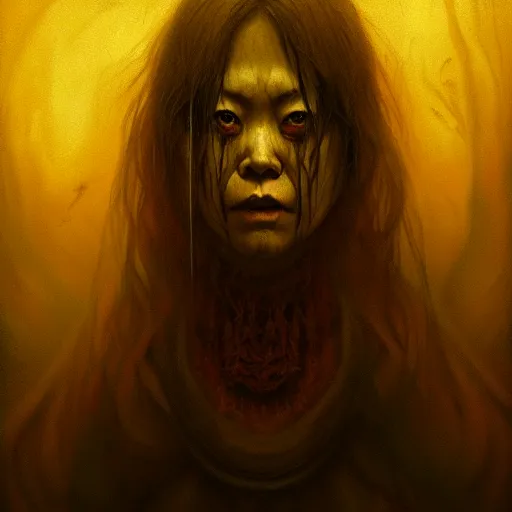 Image similar to horrifying creepy onryo portrait, atmospheric lighting, painted, menacing, haunted house theme, intricate, volumetric lighting, beautiful, rich deep colours masterpiece, golden hour, sharp focus, ultra detailed, by leesha hannigan, ross tran, thierry doizon, kai carpenter, ignacio fernandez rios