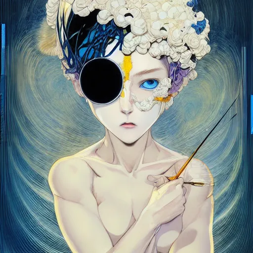 Image similar to prompt : ivory and blue and black portrait soft light painted by james jean and katsuhiro otomo and erik jones, inspired by evangeleon anime, smooth face feature, intricate oil painting, high detail illustration, sharp high detail, manga and anime 1 9 9 9