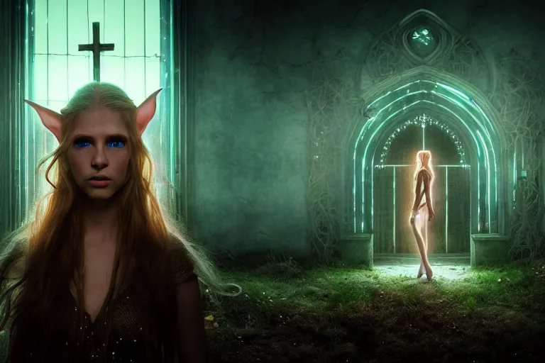 Image similar to an ultra realistic, cinematic, fantasy, headshot portrait, of an elden ring elf, fairy lights, facial features, stood outside an abandoned church, with futuristic buildings and neon signs, detailed, deep focus, movie still, dramatic lighting, ray tracing, by michal karcz and yoshitaka amano