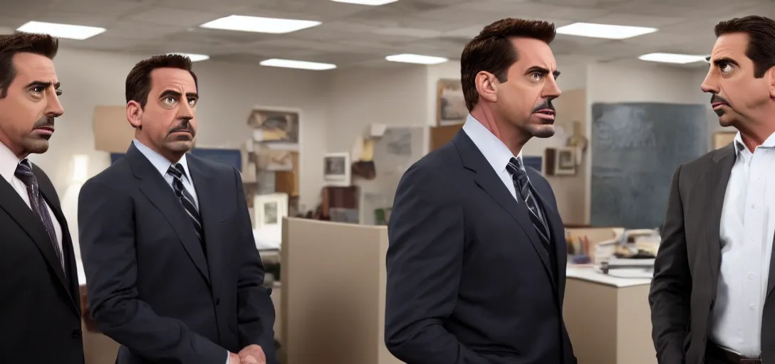 Image similar to a very high resolution image of tony stark with micheal scott. from an episode of the office. photorealistic, photography