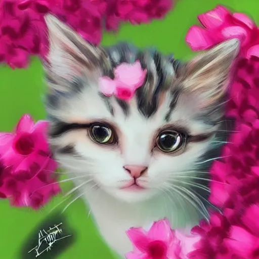 Image similar to cute kitten with pink flowers, digital art, concept art, gemmy woud binnendijk, nixeu, artgerm