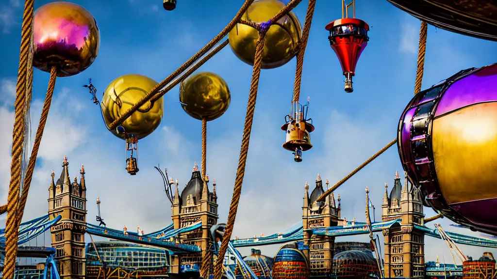 Prompt: large colorful futuristic space age metallic steampunk steam - powered balloons with pipework and electrical wiring around the outside, and people on rope swings underneath, flying high over the beautiful medieval london city landscape, professional photography, 8 0 mm telephoto lens, realistic, detailed, photorealistic, photojournalism