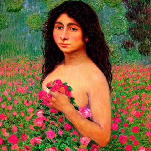 Prompt: beautiful tan mexican woman, full body, dancing in a field of roses and many other exotic flowers, prominent rosy cheek bones, black hair and brown eyes, monet and da vinci art style,