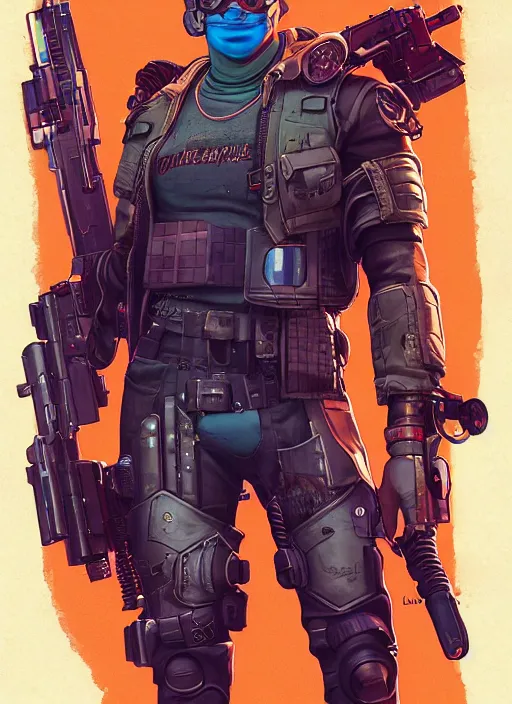 Image similar to cyberpunk mercenary. portrait by john philip falter and will eisner and gil elvgren and pixar. realistic proportions. overwatch, cyberpunk 2 0 7 7, blade runner 2 0 4 9 concept art. cel shading. thick lines.