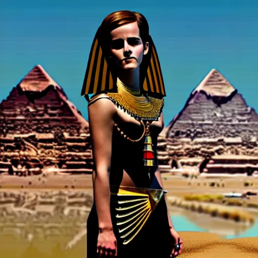 Prompt: emma watson demonic egyptian queen, an oasis in the background, anatomically correct body, many details, super realistic, high quality, 8 k