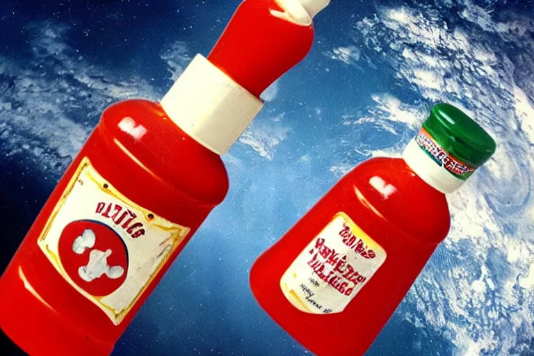 Image similar to a bottle of ketchup from 1960 in outer space