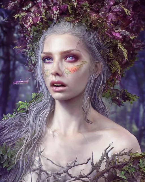 Image similar to portrait high definition photograph female fantasy character art, hyper realistic, pretty face, hyperrealism, iridescence water elemental, snake skin armor forest dryad, woody foliage, 8 k dop dof hdr fantasy character art, by aleski briclot and alexander'hollllow'fedosav and laura zalenga