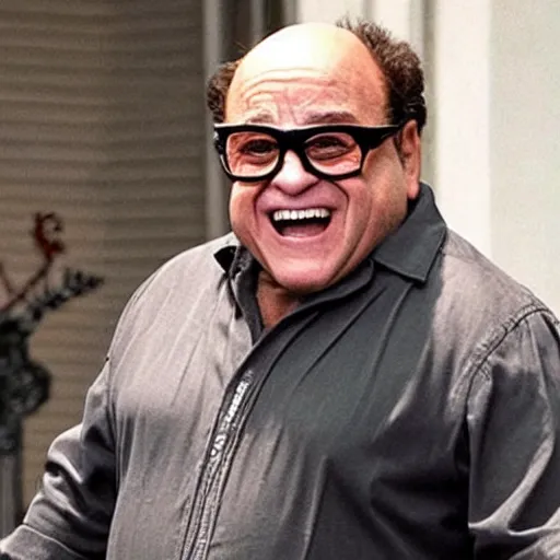 Image similar to a screenshot of Danny Devito playing an unmasked Peter Parker Spiderman in Spiderman: No Way Home