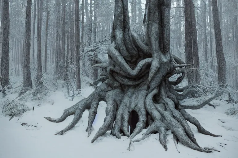 Image similar to creepy eldritch monster in a swedish forest in the winter, very low angle photograph, very detailed, trending on artstation, realistic, soft colors, simon stålenhag, lovecraft, horror