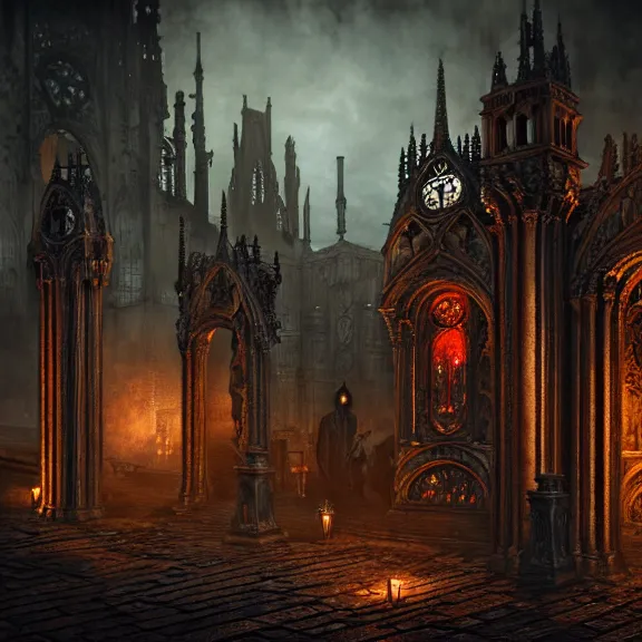 Image similar to steam necropolis, memento mori, gothic, neo - gothic, art nouveau, hyperdetailed copper patina medieval icon, stefan morrell, philippe druillet, ralph mcquarrie, concept art, steampunk, unreal engine, detailed intricate environment, octane render, moody atmospherics, volumetric lighting, ultrasharp, ominous, otherworldly