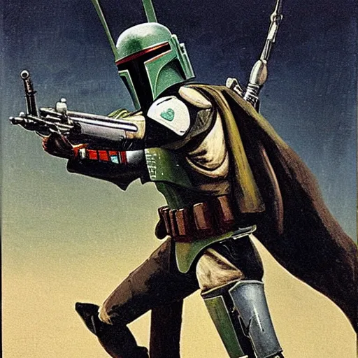 Prompt: Boba Fett in an action pose. Painted by Goya.