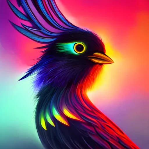 Prompt: flawless painting of futuristic bird avatar with digital wings, colorful luminous feather, black transparent point background, cinematic, centered, soft lighting, ultra detailed face and eyes by awarded concept art, wisdom, epic, magical, ultimate, 8 k resolution, artstation hd