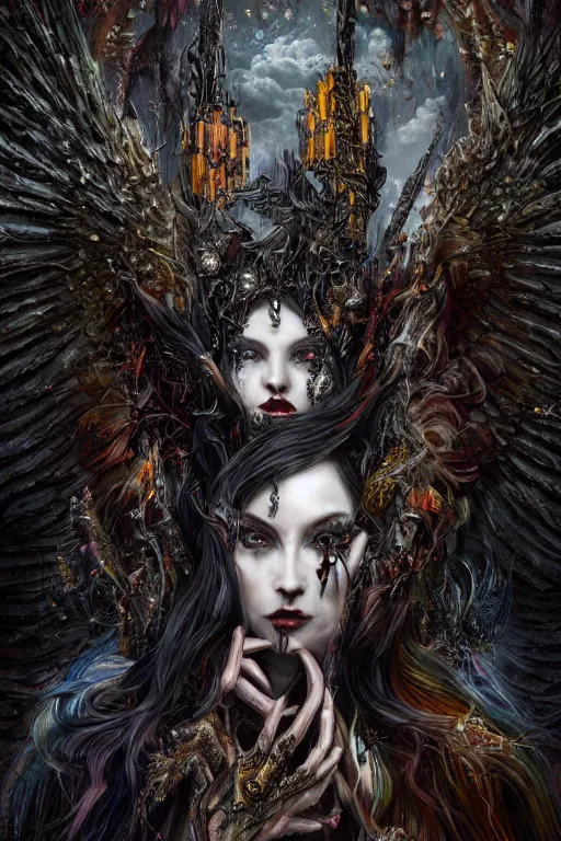 Prompt: very complex hyper-maximalist overdetailed cinematic darkfantasy portrait of a malignant beautiful dragon queen with long black hair and wings, pale skin and dark eyes, grinning angry confused, gothic, vibrant high contrast, by andrei riabovitchev, tomasz alen kopera, oleksandra shchaslyva. Omnious intricate, octane, Deviantart, hyper detailed illustration, 8k