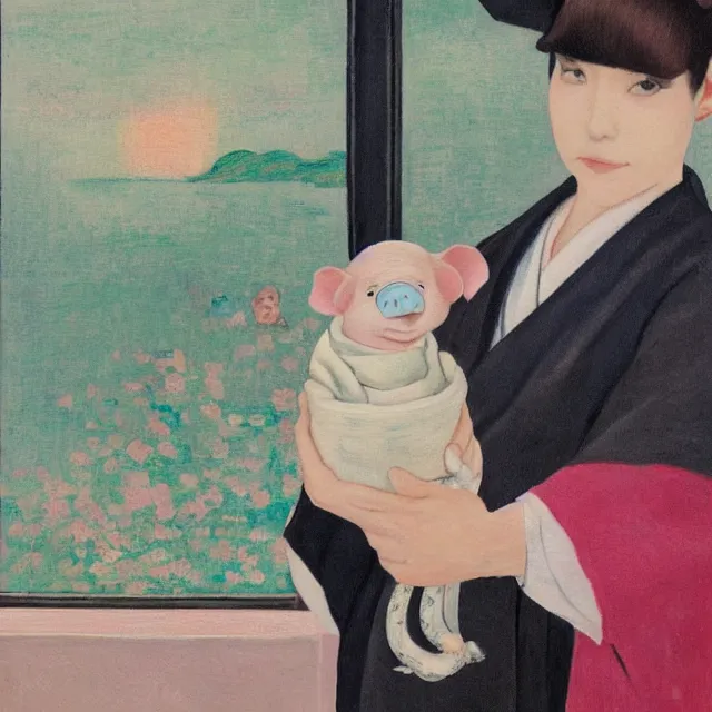 Image similar to tall emo female artist holding small portraits and piglet on a train, wearing a kimono, on yamanote line in japan, tokyo station, summer, sweat, ice coffee, pigs, octopus, acrylic on canvas, surrealist, by magritte and monet