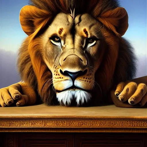 Prompt: a lion sitting an antique table, a detailed matte painting by vladimir kush, cgsociety, furry art, airbrush art, detailed painting, matte painting