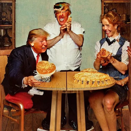 Image similar to donald trump eating a cream pie at a wooden table, he is smiling, artist norman rockwell,