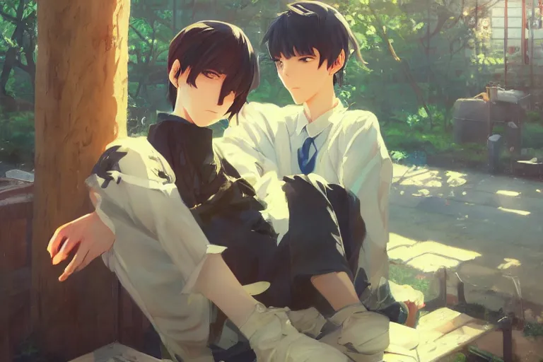 Image similar to boy's love anime high school scene spring setting, high detail concept art, perfect proportions fine face, realistic shaded lighting poster ilya kuvshinov, katsuhiro, jeremy lipkin and michael germash, makoto shinkai, loish and clamp style, trending on art station, best selling artist