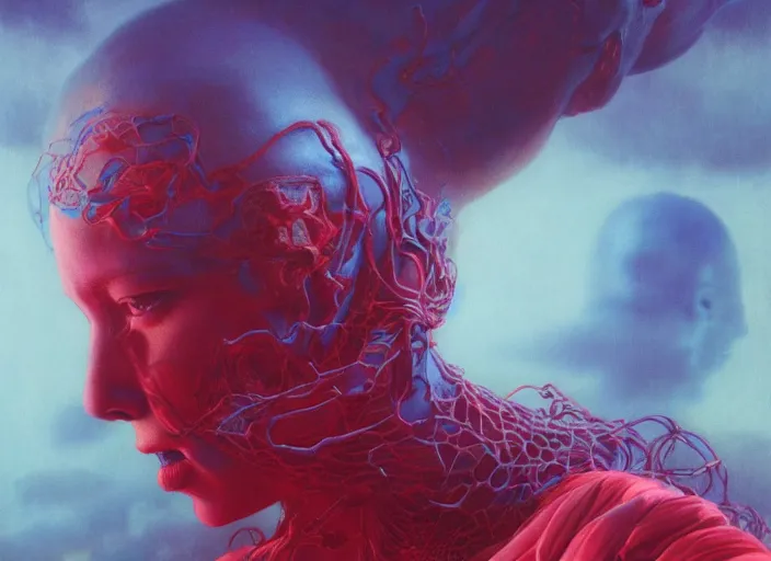 Image similar to Portrait Masterpiece, Wanda Maximoff, furious, red and cyan, glowing, wires everywhere, by Edgar Maxence and Ross Tran, Zdzisław Beksiński, and Michael Whelan, distant, gustav dore, H.R. Giger, 8k, octane render