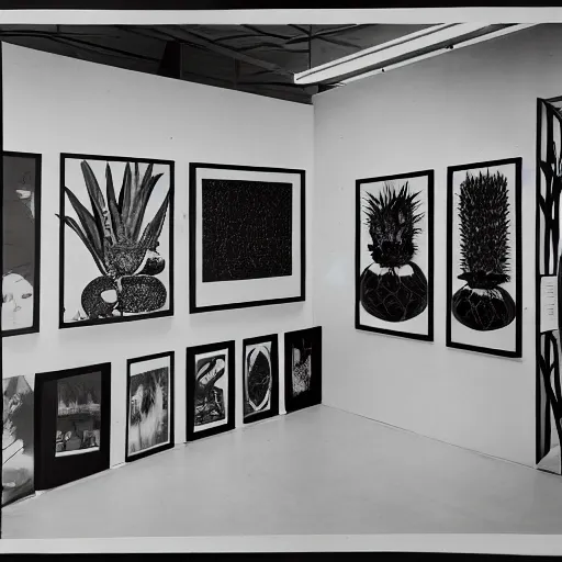 Prompt: A black and white photography printed in offset lithography of an exhibition space with works of Sun Ra, Marcel Duchamp and tropical plants, 60s, Modern Art