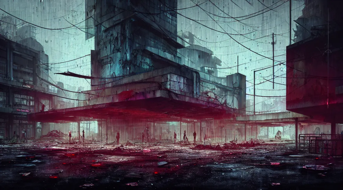 Image similar to post apocalyptic city building, raining, building, avenue, modern contemporary urban americana concrete architecture, by pascal blanche, neil blevins, neon color scheme, trending on artstation, photorealistic, neon ambiance, ultra detailed, high definition, depth of field, bokeh, wild vegetation, blood stains, crumbling, post - apocalyptic warriors