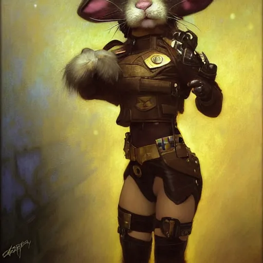 Image similar to portrait of a female furry bunny face in a police uniform. shadowrun furaffiniy cyberpunk fantasy highly detailed painting by gaston bussiere craig mullins jc leyendecker gustav klimt artgerm greg rutkowski john berkey, bergey, craig mullins, ruan jia, raymond swanland, jeremy mann, tom lovell, alex malveda