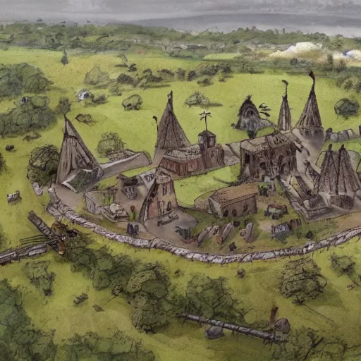 Image similar to a large army camped around a medieval castle, trebuchet and other artillery at the ready, 1200s, English country side, cloudy and rainy, trending on artstation