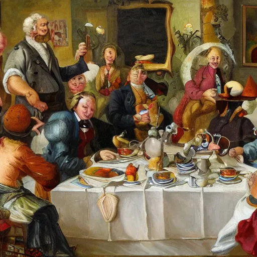 Image similar to a giant worm disrupting a tea party in england, painting, beautiful art,