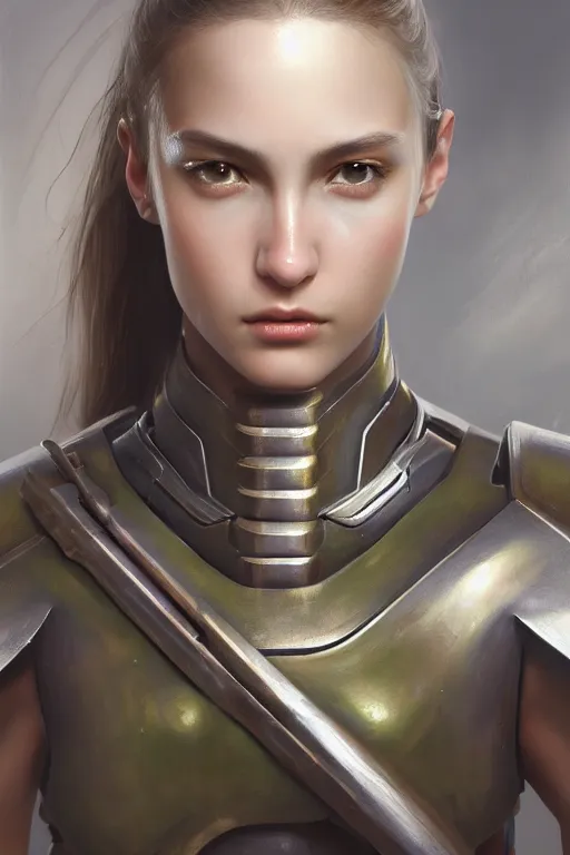 Image similar to a photorealistic painting of an attractive young girl, partially clothed in metal-plated battle armor, olive skin, long dark hair, beautiful bone structure, symmetrical face, perfect eyes, intricate, elegant, digital painting, concept art, illustration, sharp focus, minimal artifacts, from Metal Gear, in the style of Ruan Jia and Mandy Jurgens and Greg Rutkowski, trending on Artstation, award winning