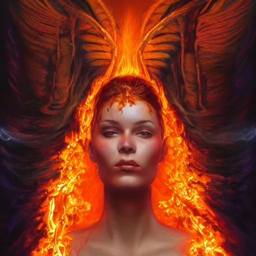 Prompt: A stunning portrait of a goddess with a body made of flames by Jim Burns, 8K UHD, intricate, fantasy, Trending on artstation.