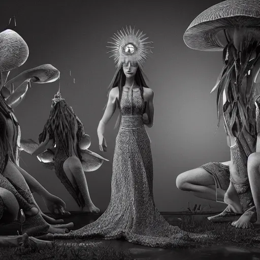 Prompt: mushroom goddess with extremely elegant headdress with group of elders in a ceremony for plant medicine, beautiful, marvelous designer, cloth physics, mocap, hiroya oku, yoshitaka amano, alex grey, black and white, beautiful lighting, cinematic still, perfect render, 3 d render, unreal engine, 8 k