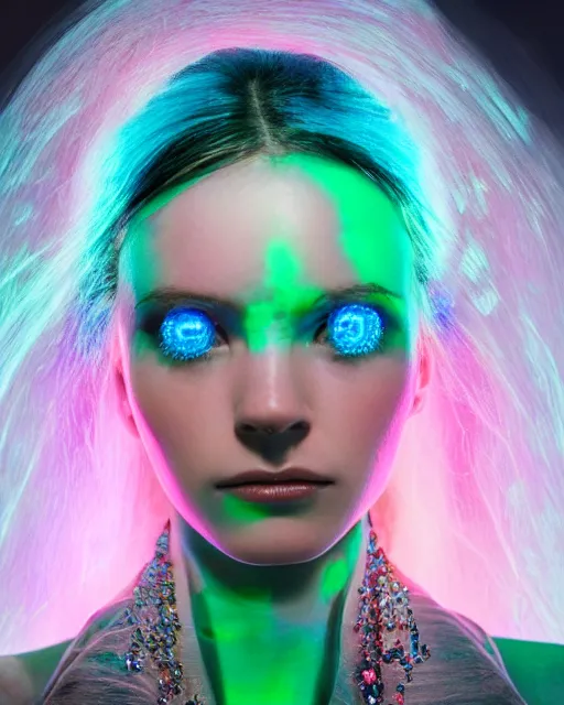 Image similar to natural light, soft focus portrait of an android with soft synthetic pink skin, blue bioluminescent plastics, smooth shiny metal, elaborate electronic jewellery, leds, piercings, face tattoo, skin textures, by annie liebovotz, paul lehr,
