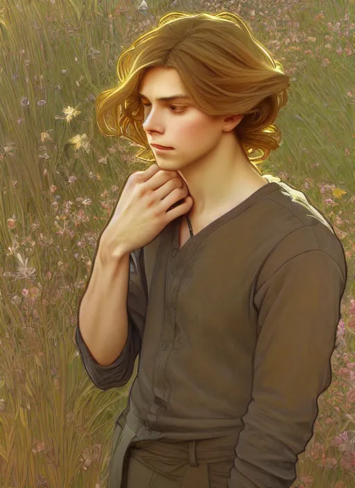 Image similar to pretty young man with shoulder length shiny shimmering golden blond hair, head down, demure, shy, path traced, highly detailed, high quality, digital painting, by studio ghibli and alphonse mucha, leesha hannigan, disney