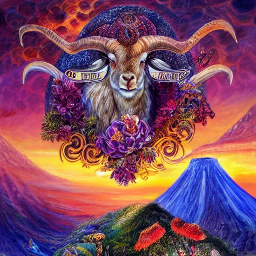 Image similar to painting by senior concept artist josephine wall, horned ram goddess checking her cell phone, erupting volcano and sunset in distance in background, flowers in foreground, zodiac, fantasy, acrylic on canvas, intricately detailed, highly detailed, high resolution, hdr, 8 k, trending on artstation