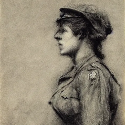 Prompt: ww 1 action heroine, by alfred stevens in charcoal