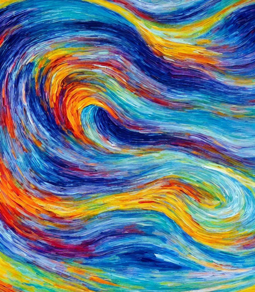 Prompt: an impasto oil painting of a barreling wave, traidic color scheme, high detail, breathtaking wave, modern art, abstract art, energetic colors