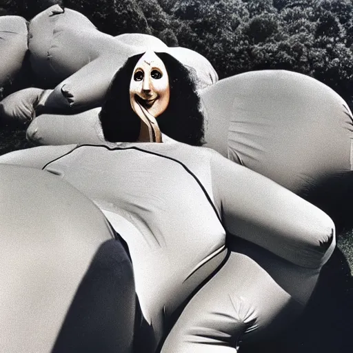 Image similar to woman with an inflatable nose, long snout, long inflatable arms, in the hillside, 1974 fellini, archival footage, technicolor film