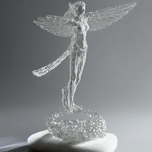 Image similar to a sculpture of thousand eyed angel made of clear crystal casting caustics on a white table morning light