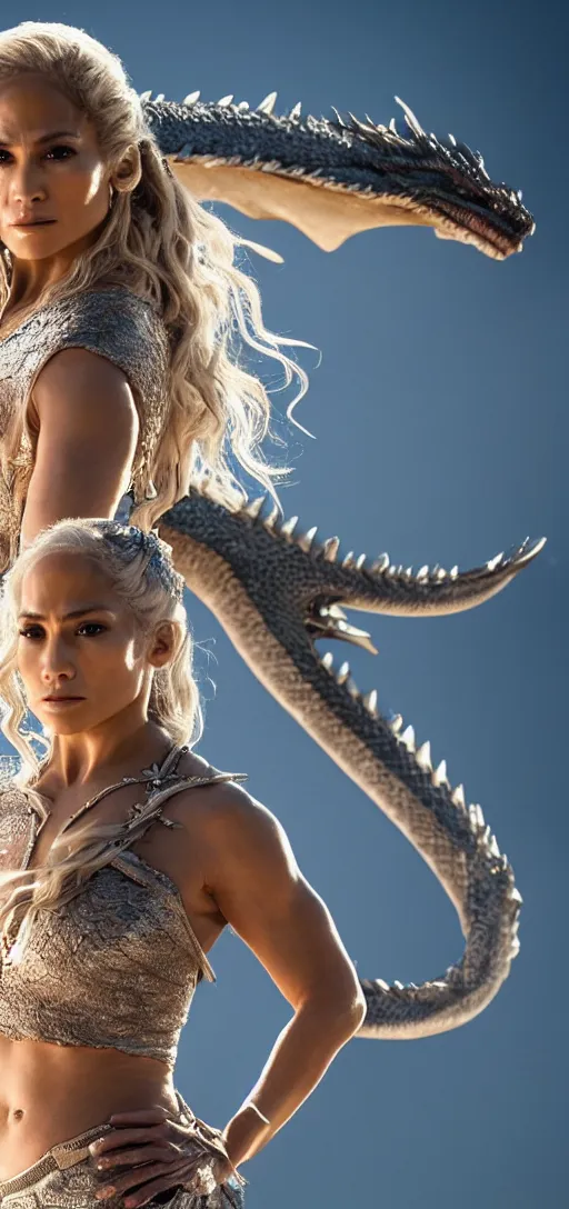 Prompt: Jennifer Lopez as Daenerys Targaryen riding a dragon, XF IQ4, 150MP, 50mm, F1.4, ISO 200, 1/160s, natural light