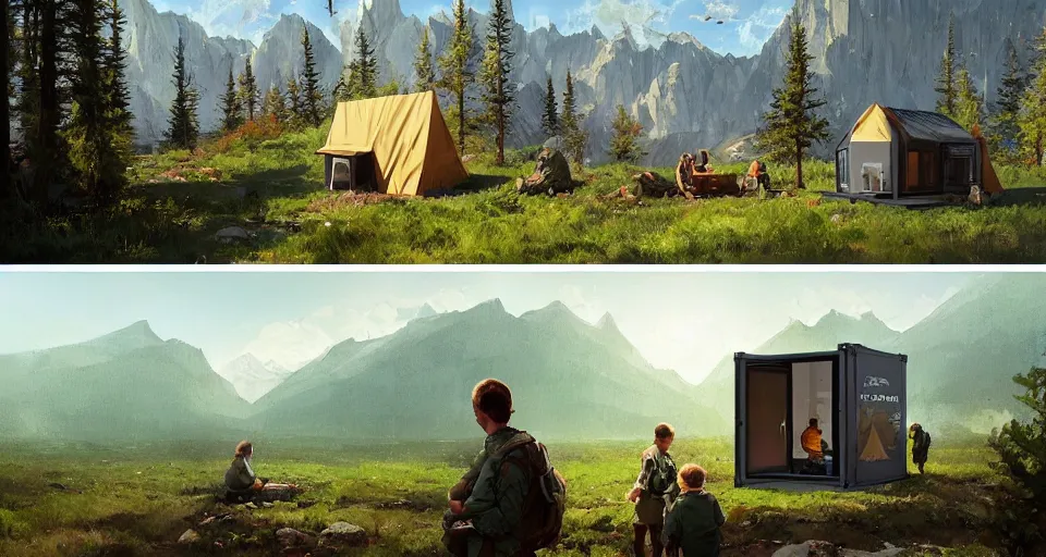 Image similar to cabela's beautiful comfortable modular insulated container home wall kit - house all weather family dwelling tent house, person in foreground, mountainous forested wilderness open fields, beautiful views, painterly concept art, environmental concept art, concept art illustration, by james gurney, by craig mullins, by greg rutkowski trending on artstation